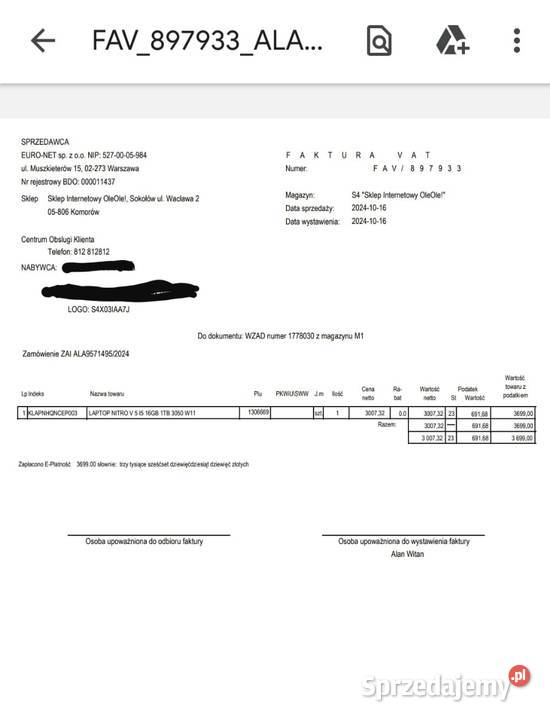 Laptop gamingowy Acer Pozostałe