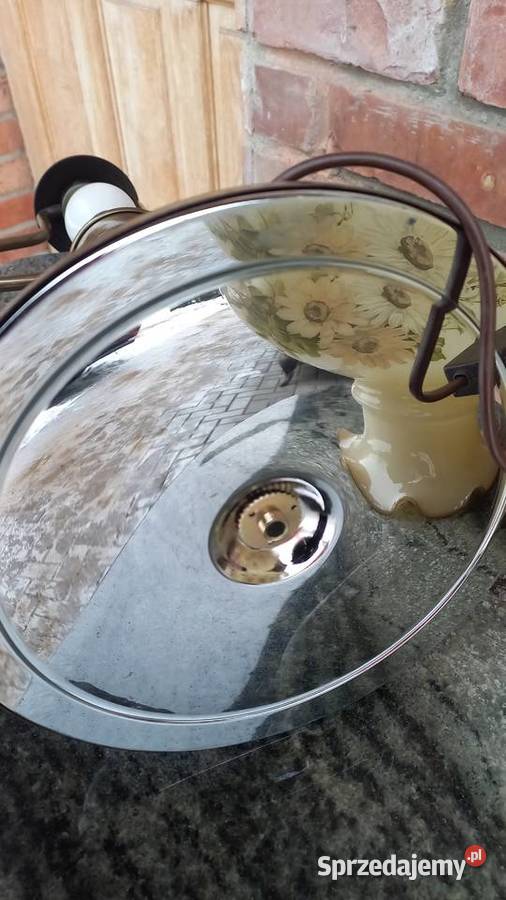 Lampka drewniana mosiężna metalowa ze szklanym Dom i Ogród Gawroniec sprzedam