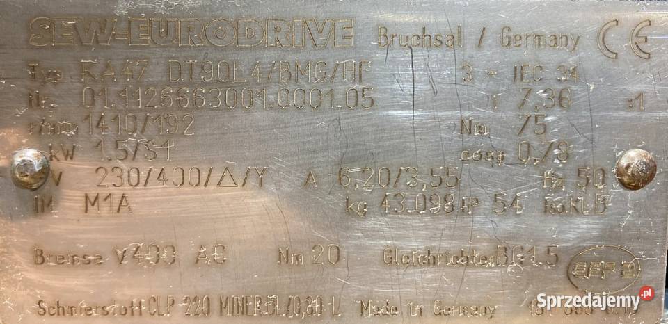 motoreduktor przekładnia 15kW 192obr HAMULEC SEW Pigża