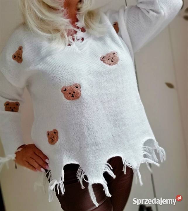 Sweter damski biały dzianina miśki Warszawa sprzedam
