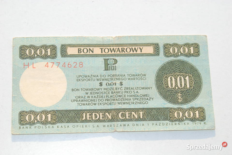 Stary Bon Towarowy Pko 1 cent Pewex 1979 antyk Numizmatyka