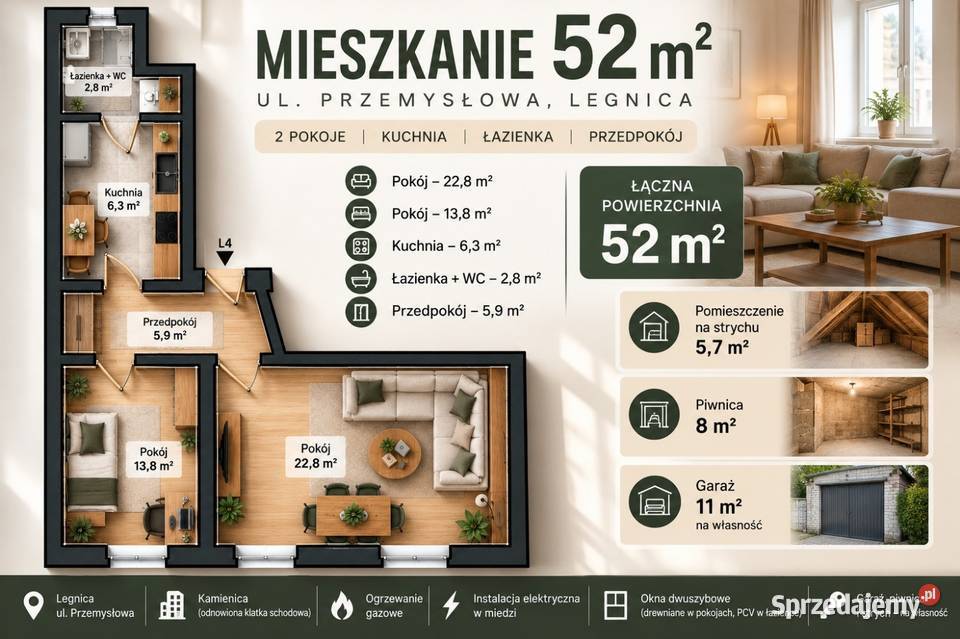 Mieszkanie 52m2 centrum garaż strych piwnica Legnica