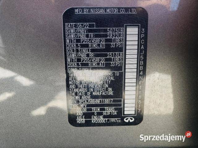 Infiniti QX50 z 2022 roku silnik VCT 20 QX50 Lipowiec