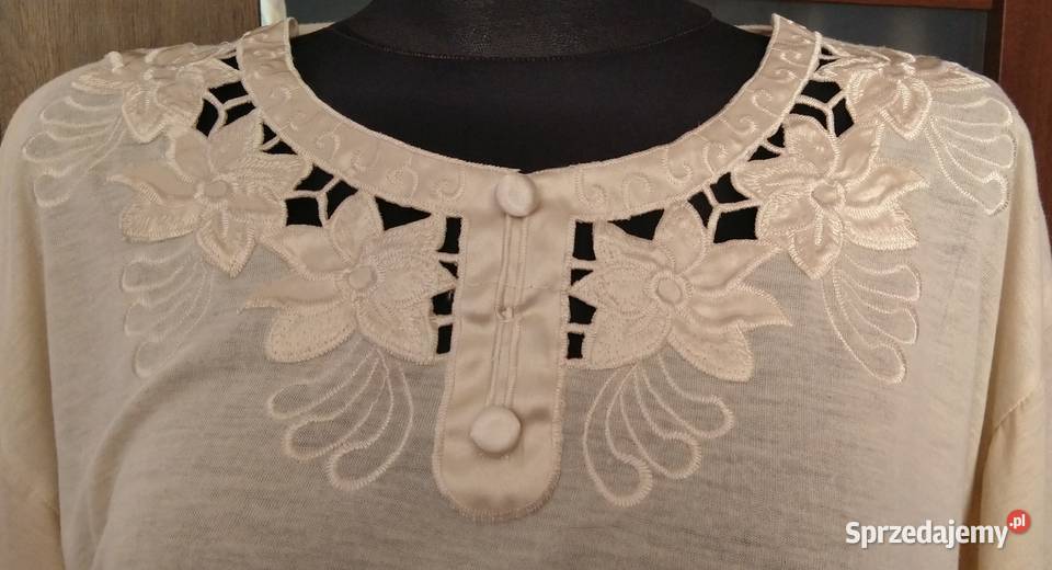 Beżowa bluzka z haftem lata 90 retro vintage Krosno