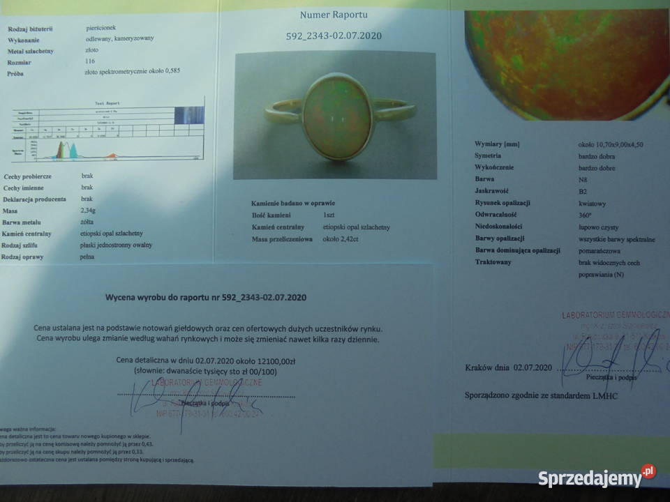 certyfikat złoty pierścionek 585 z nat opalem mazowieckie Warszawa