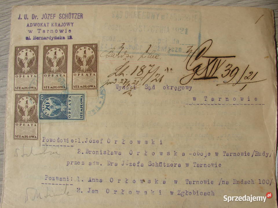 Tarnów Zgłobice 1921 r Sąd Okręgowy znaczki sprzedam