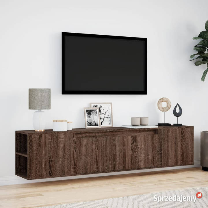 Ścienna szafka pod TV z LED brązowy dąb