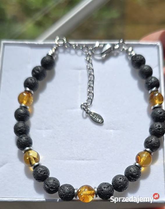 Bransoletka Bursztyn kamień Lawa 6 mm stal Gdańsk