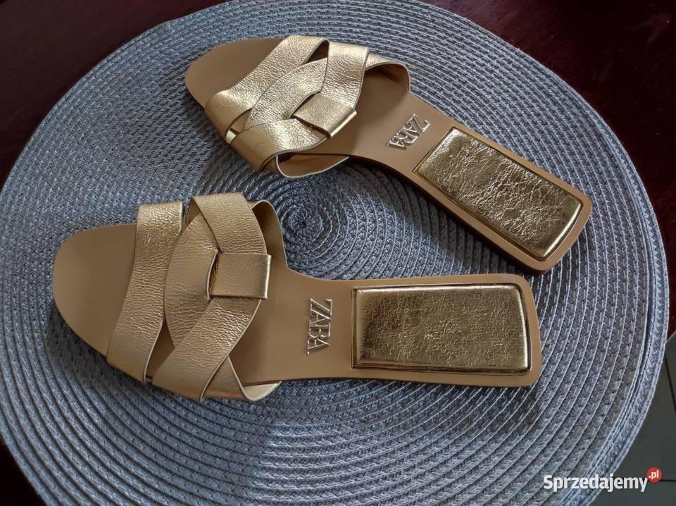 Zara klapki skórzane skórkowe ze skóry złote skóra Kielce