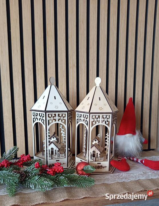 Lampion świąteczny LED z drewnianą scenką Bełchatów