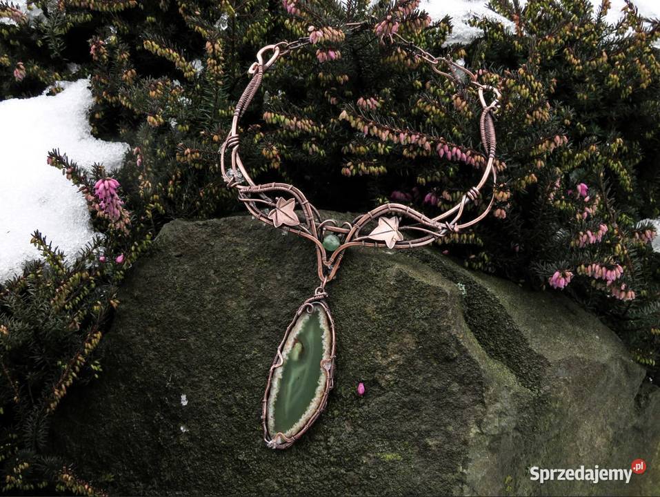 Unikatowa kolia zielony agat bluszcz rękodzieło