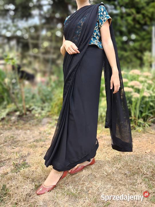 Eleganckie czarne sari L 40 XL 42 szyfon saree zielony Szczecin