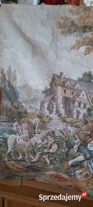 Duży gobelintapiseria Dworska scenka rodzajowa