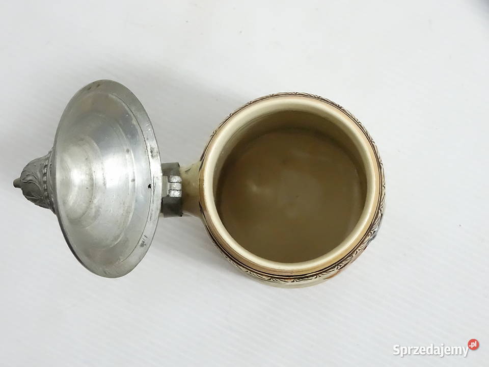 Zabytkowy niemiecki kufel ceramiczny z cynową Biłgoraj