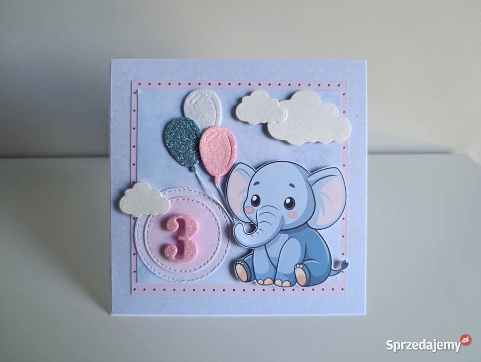 Kartka na urodziny słonik z balonami handmade Łódź