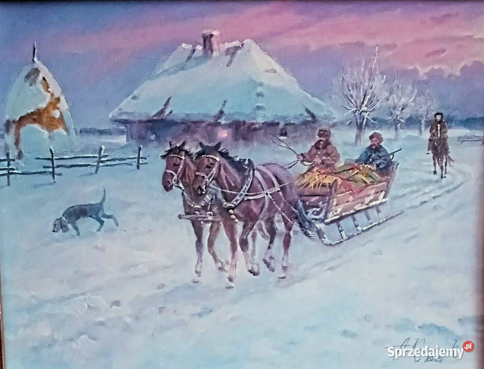 Wyjazd na polowanie obraz olejny na płótnie 54 x Jelenia Góra