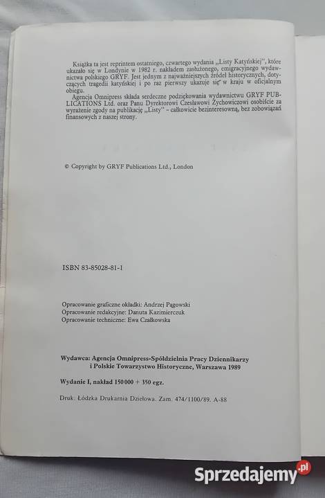 Adam Moszyński Lista katyńska Omnipress 1989 r wielkopolskie Koźminek
