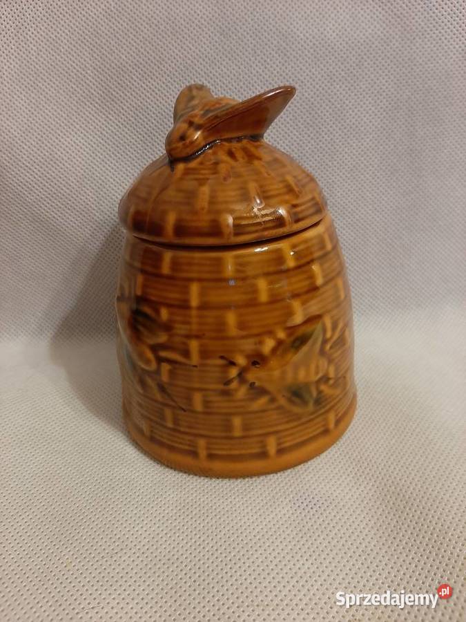 Śliczny pojemnik do miodu z pszczółką Porcelana i szkło
