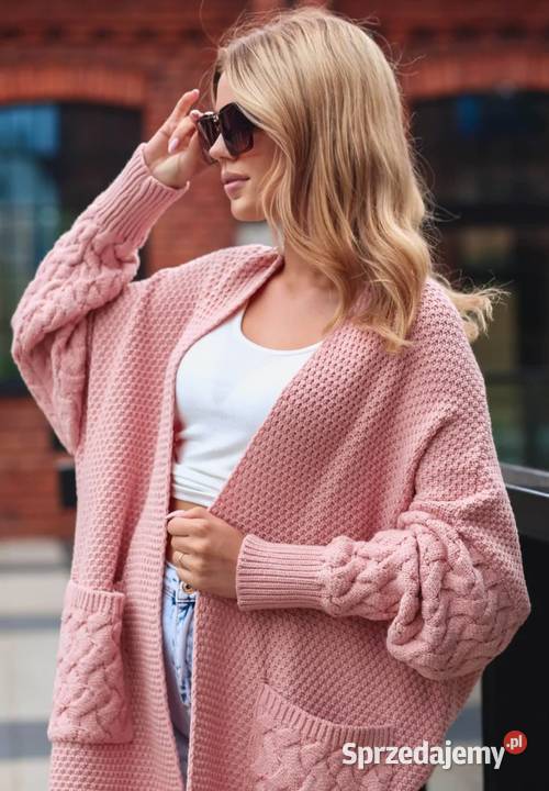 Długi Kardigan Oversize Plait PudrowoRóżowy Nowy Kawęczyn