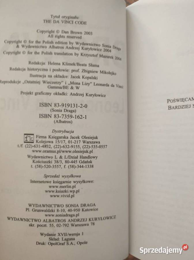 Kod Leonarda da Vinci Dan Brown Rok wydania 0
