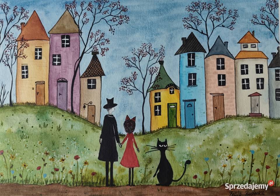 Akwarela Akwarelka Obraz pt Koci Świat Malarstwo Warszawa