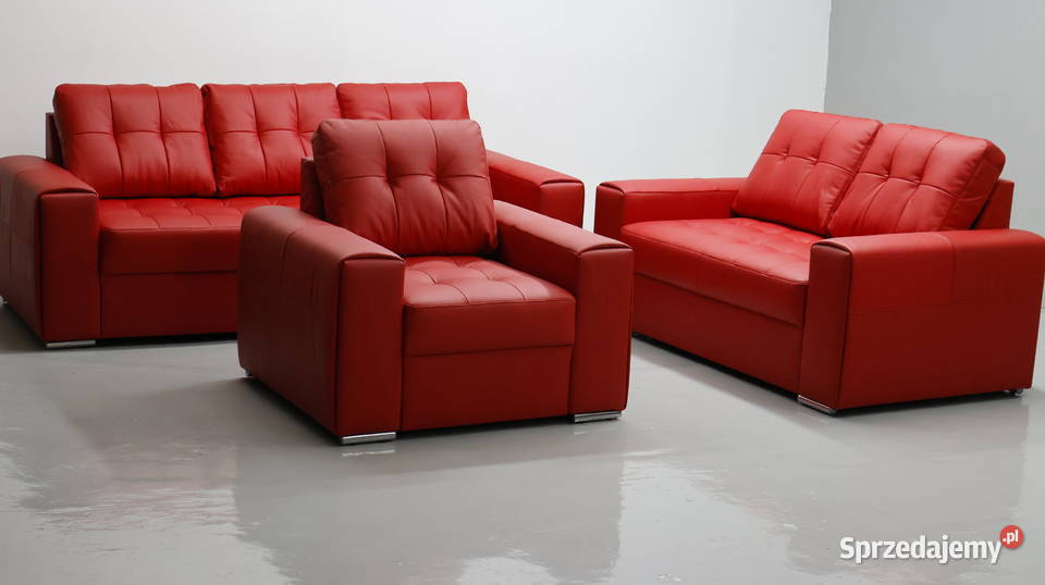 KOMPLET 321 sofy kanapy zestaw czerwona SKÓRA Poznań