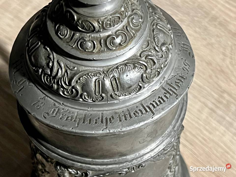Kufel z roku 1899 niemiecki świąteczny z cyny Antyki dolnośląskie Wrocław