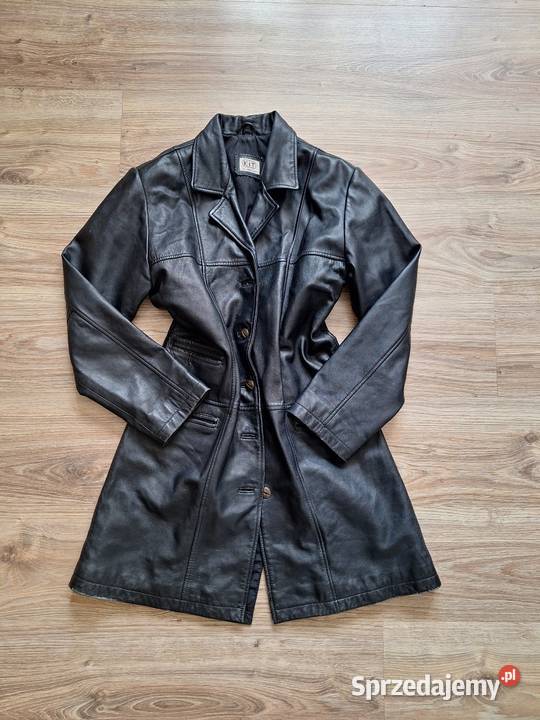 Piękny czarny skórzany czarny płaszcz skóra Kraków