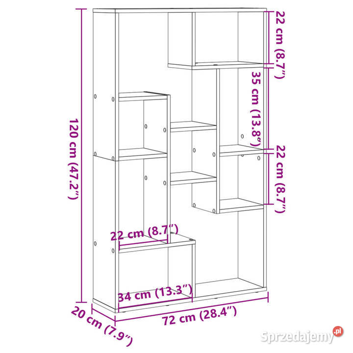 Regał brązowy dąb 72x20x120 materiał Regały Warszawa