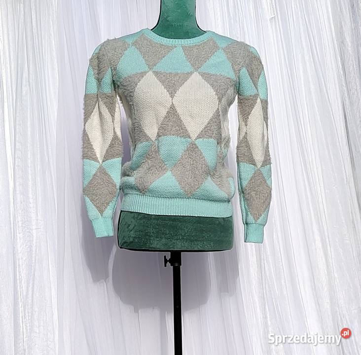 Miętowy sweter M 38 kratka romby szachownica Szczecin
