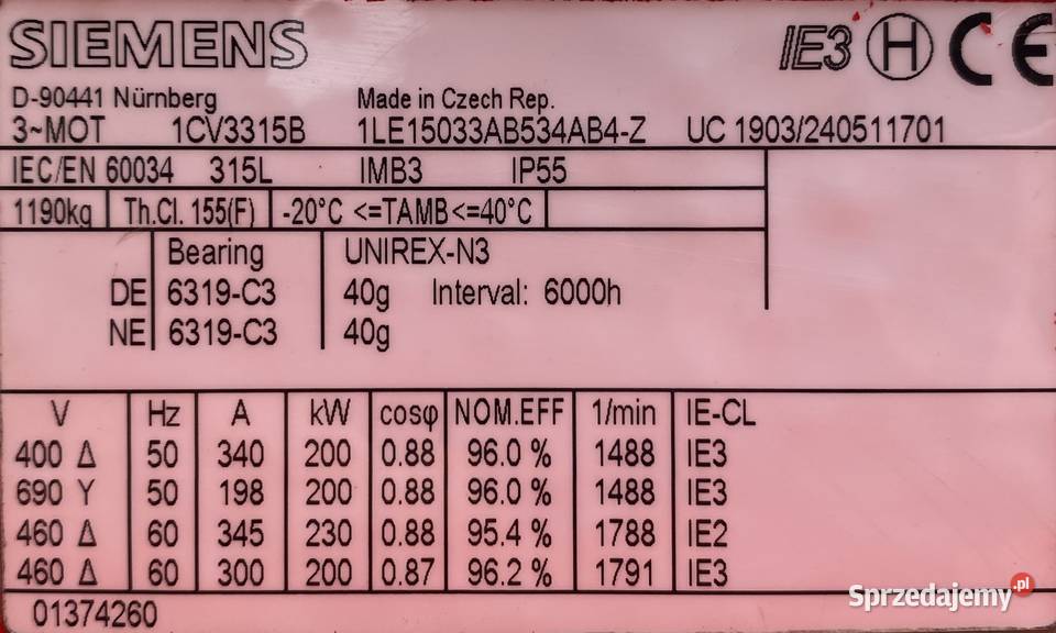 silnik elektryczny 200kW 1488obr 3fazowy SIEMENS