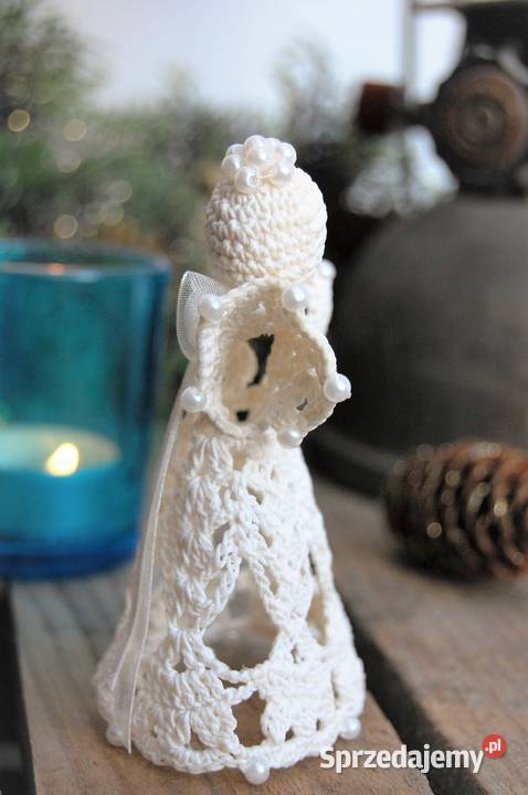 Aniołek szydełkowy z perełkami ecru kremowy 10 Lublin