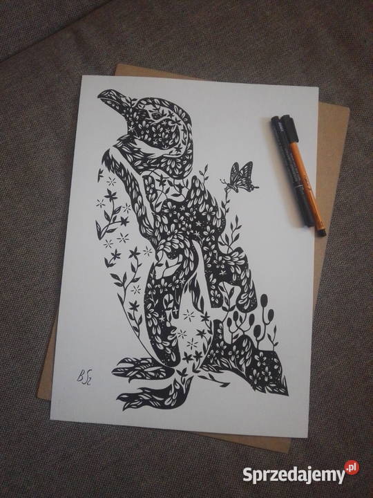 Rysunek pingwin cienkopis blok tech A3 250 gm2 Warszawa sprzedam