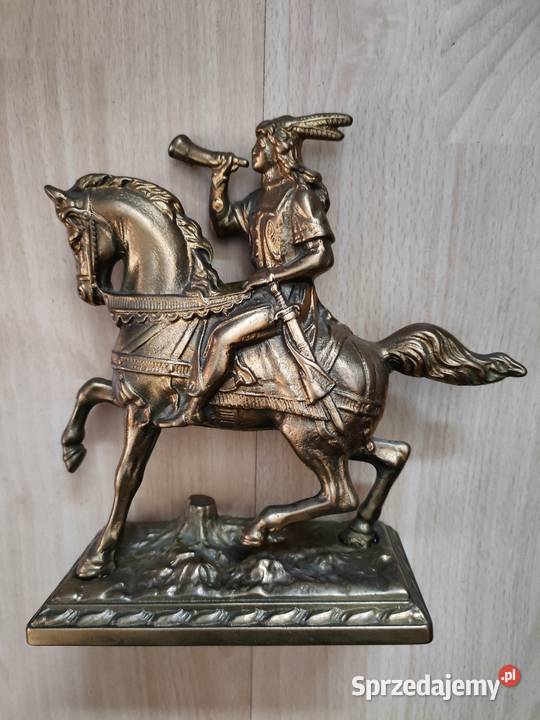 Figurka z mosiądzu Trębacz na koniu na podstawie Janów Lubelski