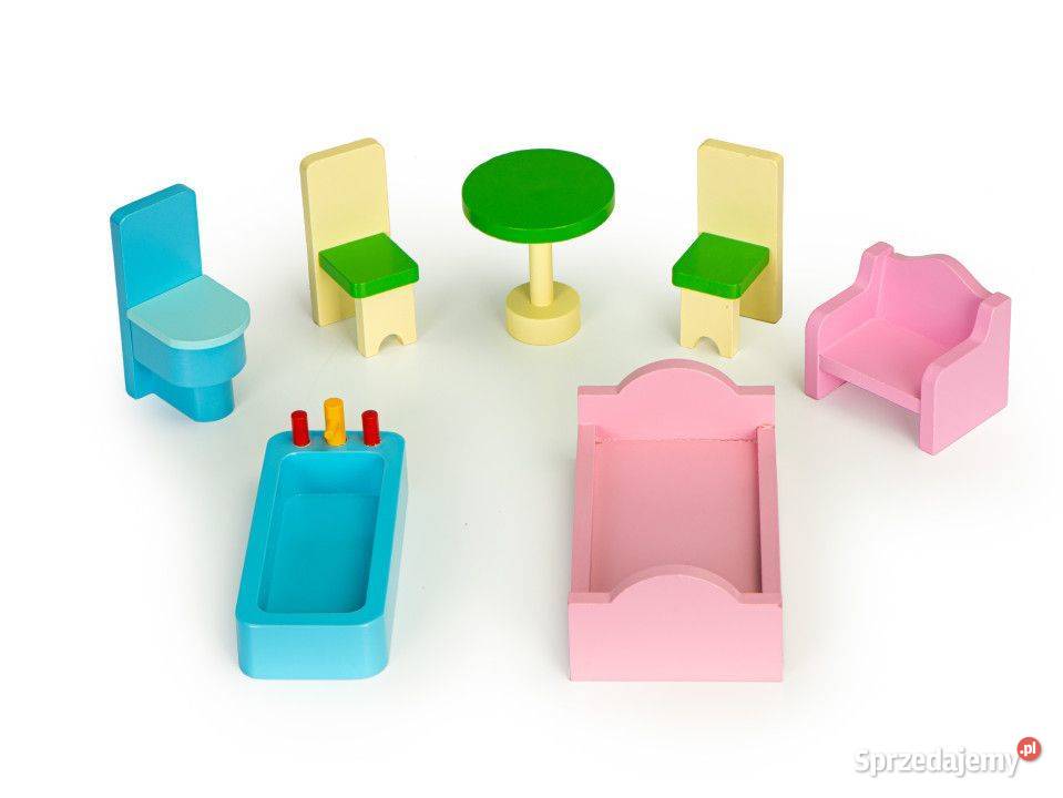 Wysoki drewniany domek lalek verII mebelki Bielsk Podlaski