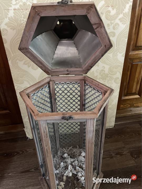 Lampion latarnia świecznik metaloplastyka drewno