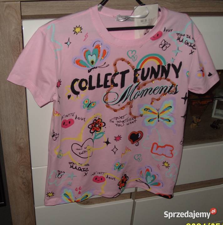 Tshirt NOWY Róż Motyle Serca cekiny cyrkonie r Rawicz