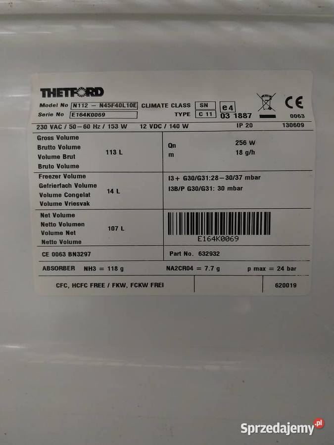 Lodówka THETFORD N112 12V 220V GAS DO Do przyczep kempingowych Grzebowilk