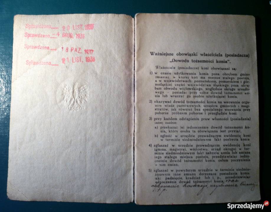 ANTYK 1934 Dowód tożsamości KONIA Kraków