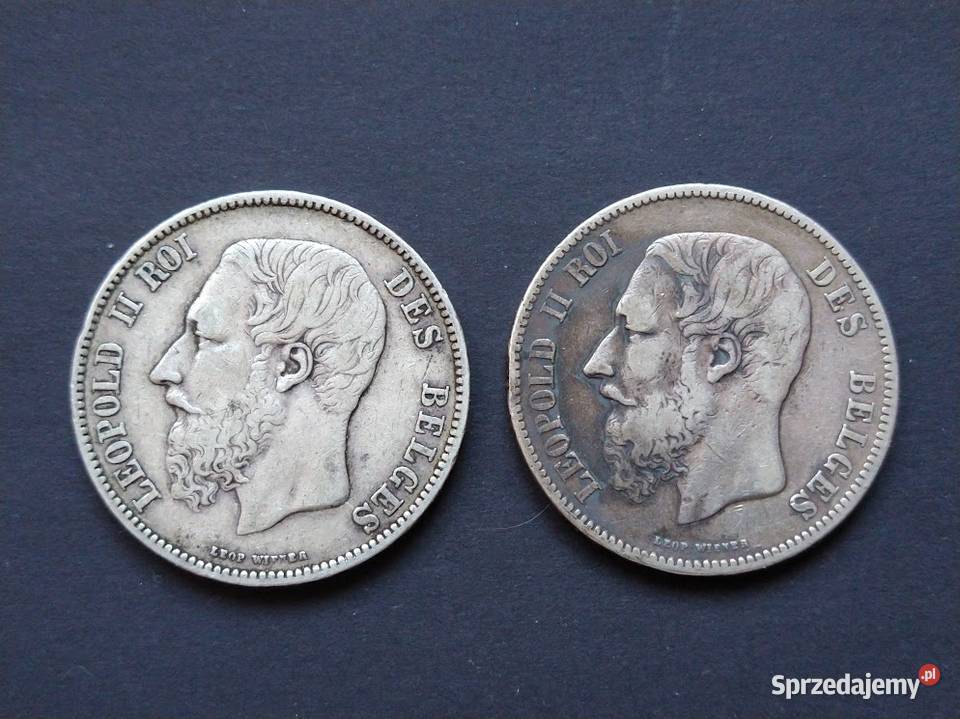 Belgia Dwie srebrne monety o nominale 5 Franków pomorskie Żukowo sprzedam