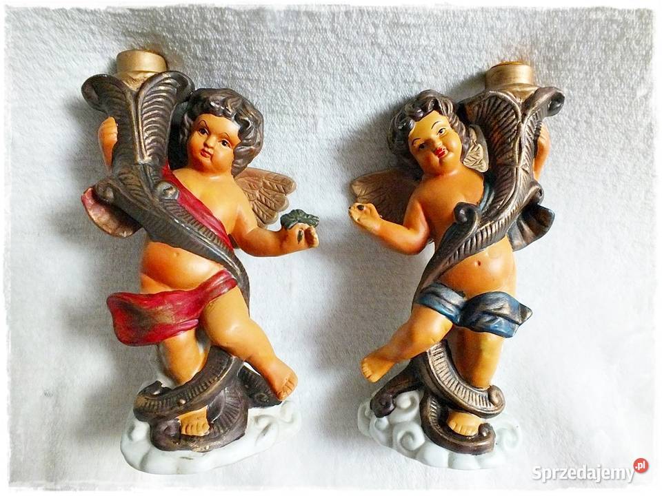 Świcznik 2x aniołki ceramika Retro Wyposażenie wnętrz Żary