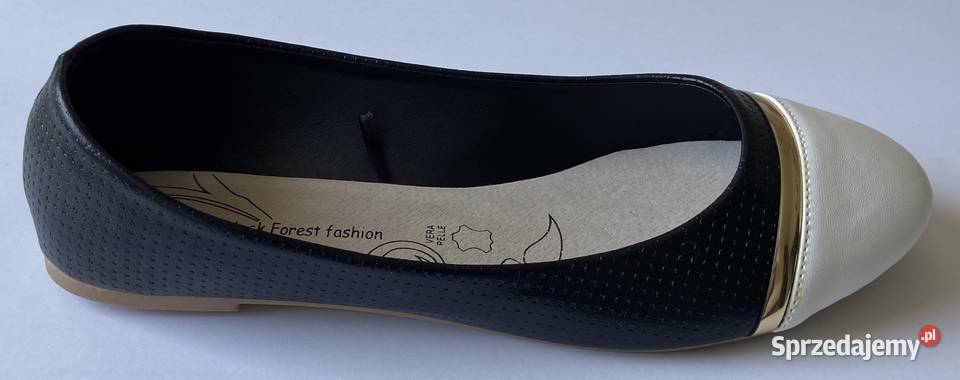 Czarne baleriny z białym czubkiem skórzana Żyrardów