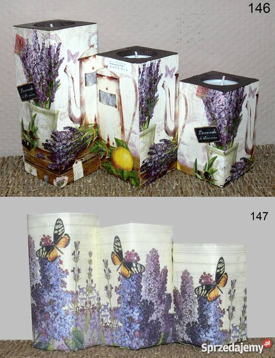 3 duże świeczniki Maki róże lawenda prezent odcienie zieleni Halinów