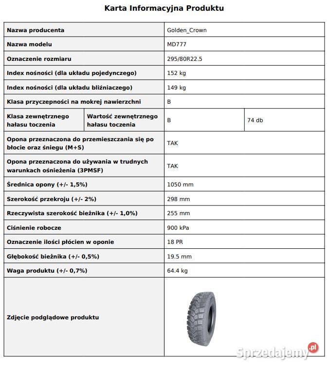 29580R225 Golden Crown MD777 Opona napędowa 295 Ciężarowe Zarębki sprzedam