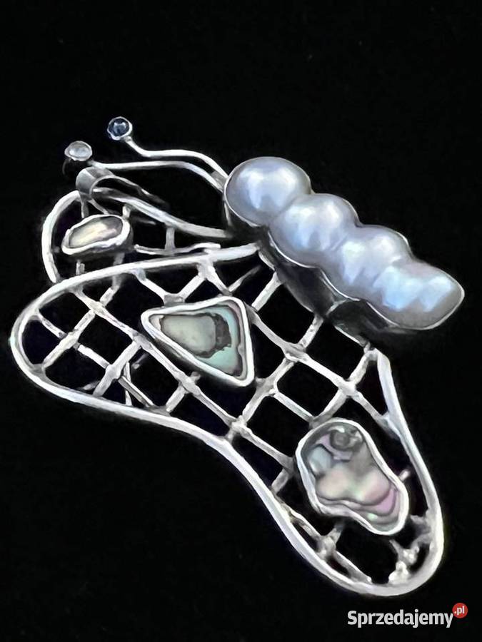 Srebrny wisior broszka motyl perły akwamaryn Zegarki i Biżuteria Warszawa