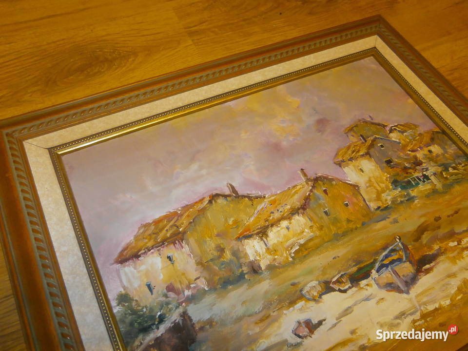 Stary obraz w ramie płótno Wioska rybacka Łódź