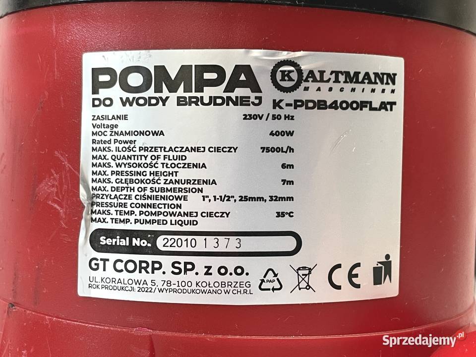 Pompa do wody brudnej Kaltmann 400 W Pompy i hydrofory Kraków