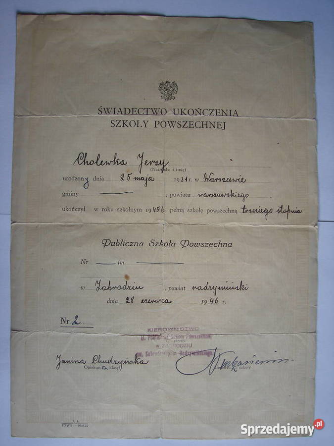 ppor JCholewka Wołomin świadectwo 194546 mazowieckie Warszawa sprzedam