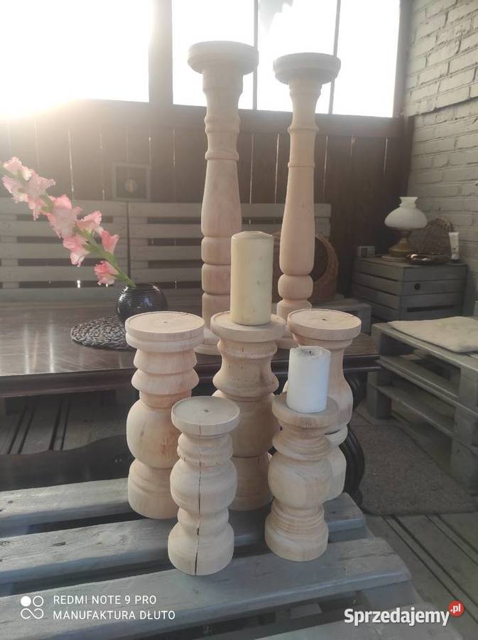 Świeczniki drewniane toczone dekoracje ślubne Poznań sprzedam