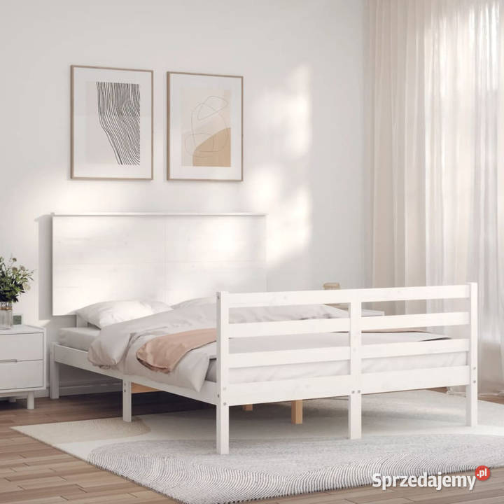 Rama łóżka z wezgłowiem biała lite drewno 145cm mazowieckie